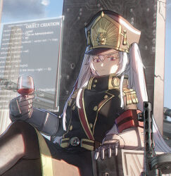 Rule 34 | 1girl, alcohol, altair (re:creators), belt, black thighhighs, blue sky, buttons, chinese commentary, circuit board print, clothing request, coat, commentary request, crossed legs, cup, drinking glass, eyelashes, gauntlets, gold trim, gun, hair between eyes, hat, highres, holographic interface, long hair, looking at viewer, looking down, military uniform, pillar, ppsh-41, re:creators, red eyes, red wine, shako cap, sitting, sitting on throne, sky, solo, submachine gun, thighhighs, throne, uniform, user jsru8742, very long hair, weapon, white hair, wine, wine glass