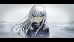 Rule 34 | 1girl, breath, facial mark, girls&#039; frontline, green eyes, hair ornament, highres, hk416 (girls&#039; frontline), kawara pigeon, letterboxed, long hair, looking at viewer, outdoors, parted lips, silver hair, solo, upper body