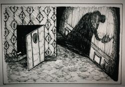 Rule 34 | crocodile (one piece), door, fleeing, from above, graphite (medium), greyscale, highres, hook, hook hand, hunched over, indoors, inochichi, male focus, marker (medium), monochrome, one piece, open door, out of frame, shadow, silhouette, traditional media, wallpaper (object)