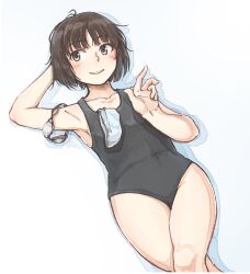 Rule 34 | 1girl, amagami, armpits, arms behind head, black one-piece swimsuit, blunt bangs, blush, bob cut, breasts, brown eyes, brown hair, collarbone, commentary, crossed legs, drop shadow, feet out of frame, goggles, unworn goggles, hand up, highres, looking to the side, lying, messy hair, new school swimsuit, one-piece swimsuit, parted lips, sansho ss, school swimsuit, short hair, small breasts, smile, solo, swim cap, unworn swim cap, swim goggles, swimsuit, sword, tachibana miya, weapon, weapon on back, white background