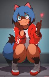 Rule 34 | 1girl, absurdres, animal ears, bad id, bad pixiv id, blue hair, body fur, brand new animal, closed mouth, collarbone, furry, furry female, heart, highres, index finger raised, kagemori michiru, looking at viewer, once 11h, raccoon ears, raccoon girl, raccoon tail, shirt, shoes, short hair, smile, sneakers, solo, squatting, tail, white footwear, white shirt