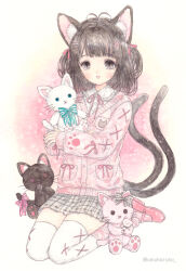 Rule 34 | 1girl, animal ear fluff, animal ears, animal hands, animal print, aqua ribbon, black eyes, black hair, blue eyes, button eyes, buttons, cardigan, cat ears, cat girl, cat paws, cat print, cat tail, collared shirt, commission, extra tails, frilled shirt collar, frills, full body, grey ribbon, grey skirt, hair ornament, hair ribbon, hairclip, hisakata (hisa nn), holding, holding stuffed toy, kanji, long sleeves, looking at viewer, medium hair, multiple tails, neck ribbon, original, parted lips, paw print, peter pan collar, pink cardigan, pink footwear, pink ribbon, plaid, plaid skirt, pleated skirt, pocket, ribbon, shirt, sitting, size difference, skeb commission, skirt, solo, striped ribbon, stuffed animal, stuffed cat, stuffed toy, tail, tail ornament, tail ribbon, thighhighs, twitter username, two-tone ribbon, two side up, two tails, whiskers, white background, white ribbon, white shirt, white thighhighs, x