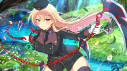 Rule 34 | 1girl, absurdres, black necktie, blonde hair, blue butterfly, blue flower, blush, breasts, bug, butterfly, chain, daisy, falling petals, flower, forest, grass, hat, highres, insect, large breasts, leaf, long hair, looking at viewer, moss, nature, necktie, official alternate costume, official art, outdoors, petals, pink flower, purple shirt, red eyes, rock, senran kagura, senran kagura new link, senran kagura new wave, shirt, sickle, solo, souji (senran kagura), spiked chain, stream, tree, water, white flower, yaegashi nan, yellow flower