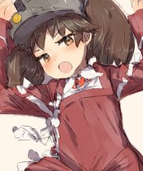 Rule 34 | 1girl, alchera, brown eyes, brown hair, fang, flat chest, japanese clothes, kantai collection, kariginu, looking at viewer, lying, magatama, open mouth, red shirt, ryuujou (kancolle), shirt, simple background, skin fang, solo, twintails, upper body, visor cap, white background