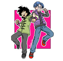 Rule 34 | 2boys, artist name, black eyes, black hair, black pants, black shirt, blue eyes, blue hair, blue pants, chinese clothes, clenched hand, clenched hands, denim, dragon ball, dragon ball super, dragon ball super super hero, fenyon, full body, green jacket, highres, jacket, male focus, multiple boys, open mouth, pants, parted lips, pink background, purple shirt, purple vest, red footwear, shirt, shoes, smile, son goten, teeth, thumbs up, tongue, trunks (dragon ball), vest