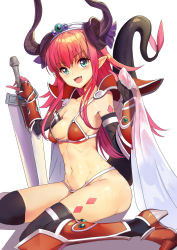 Rule 34 | 1girl, armor, armored boots, bikini, bikini armor, black thighhighs, blue eyes, boots, breasts, cape, elizabeth bathory (brave) (fate), elizabeth bathory (fate), fang, fate/grand order, fate (series), gauntlets, horns, looking away, loose bikini, navel, oversized clothes, pauldrons, pink hair, pointy ears, red armor, red bikini, shoulder armor, shovelwall, shovelwell, simple background, sitting, small breasts, smile, solo, swimsuit, sword, tail, thighhighs, tiara, wariza, weapon, white background