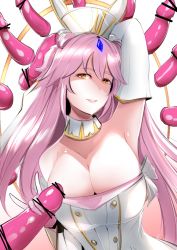 Rule 34 | 1girl, arm up, armpits, bare shoulders, breasts, buttons, censored, cleavage, cleavage cutout, clothing cutout, collarbone, detached sleeves, dress, fate/grand order, fate (series), floating penis, gem, hair bun, handjob, hat, koyanskaya (fate), large breasts, long hair, looking at viewer, meow7tail, penis, penis grab, pink hair, pointless censoring, rabbit ears, single hair bun, solo, tamamo (fate), white dress, yellow eyes