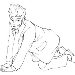 Rule 34 | 1boy, ace attorney, all fours, brown hair, facial hair, formal, goatee, highres, larry butz, male focus, monochrome, non-web source, solo, spiked hair, suit, tongue, tongue out