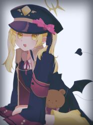 Rule 34 | 1girl, armband, black hat, blonde hair, blue archive, boots, bow, demon tail, demon wings, halo, hat, hat bow, highres, ibuki (blue archive), jacket, looking at viewer, low wings, magawa noi, military jacket, neck ribbon, open mouth, oversized clothes, peaked cap, pointy ears, ribbon, rubber boots, side ponytail, solo, stuffed animal, stuffed toy, tail, wings, yellow eyes
