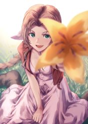Rule 34 | 1girl, aerith gainsborough, braid, brown footwear, brown hair, cropped jacket, dress, final fantasy, final fantasy vii, final fantasy vii remake, flower, grass, green eyes, hair ribbon, highres, holding, holding flower, jacket, kneeling, long dress, long hair, looking at viewer, open mouth, painapo, pink dress, red jacket, ribbon, smile