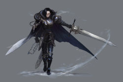 Rule 34 | 1boy, armor, black eyes, black hair, blue cape, cape, fur trim, gauntlets, gradient cape, greaves, grey background, highres, holding, holding jewelry, holding necklace, holding sword, holding weapon, jewelry, knight, male focus, medium hair, necklace, one eye closed, original, parted lips, pauldrons, scabbard, scar, scar across eye, scar on face, sheath, shield, shoulder armor, simple background, snow, soapz 3535, solo, sword, walking, weapon, white cape
