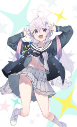 Rule 34 | 1girl, ahoge, backpack, bag, black neckerchief, blue archive, blue eyes, grey jacket, hair ornament, halo, highres, jacket, long hair, long sleeves, looking at viewer, low twintails, multicolored hair, navel, neckerchief, open clothes, open jacket, open mouth, pink hair, pleated skirt, purple hair, rafrog, reisa (blue archive), sailor collar, school uniform, serafuku, skirt, smile, solo, star (symbol), star hair ornament, twintails, two-tone hair, white sailor collar, white serafuku, white skirt