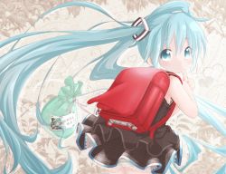 Rule 34 | 1girl, akino coto, backpack, bag, blue eyes, blue hair, female focus, finger to mouth, hat, hatsune miku, highres, kawashiro nitori, long hair, looking at viewer, looking back, matching hair/eyes, randoseru, skirt, solo, touhou, twintails, two side up, very long hair, vocaloid