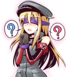 Rule 34 | 10s, 1girl, ?, armband, bare shoulders, bdsm, bismarck (kancolle), blindfold, blonde hair, blush, bondage, bound, bound wrists, hat, ichimi, kantai collection, long hair, open mouth, solo, upper body
