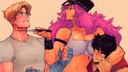 Rule 34 | 1990s (style), 1girl, 2boys, armlet, bandaged hand, bandages, big hair, blonde hair, boy sandwich, breast press, breasts, brown hair, capcom, clenched hands, cody travers, commentary, david liu, dual wielding, final fight, guy (final fight), hat, height difference, holding, knife, blade to throat, large breasts, male focus, midriff, multiple boys, muscular, narrow waist, navel, ninja, peaked cap, pink hair, poison (final fight), retro artstyle, riding crop, sandwiched, short shorts, shorts, sketch, strap slip