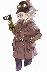 Rule 34 | 1girl, belt, coat, cropped legs, deerstalker, detective, goggles, goggles on headwear, green eyes, grey hair, hand on own hip, hat, holding, holding smoking pipe, mechanical arms, original, prosthesis, shiromiso, short hair, simple background, single mechanical arm, smoking pipe, solo, steampunk, white background
