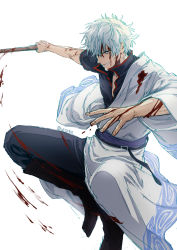 Rule 34 | 1boy, black footwear, black pants, black shirt, blood, blood on clothes, blood on face, blood on hands, bokken, boots, gintama, grey hair, hadanugi dousa, highres, holding, holding sword, holding weapon, japanese clothes, kimono, knee boots, long sleeves, looking at viewer, male focus, open kimono, pants, parted lips, red eyes, ribbon-trimmed sleeves, ribbon trim, sakata gintoki, shirt, short sleeves, simple background, smile, solo, sword, twitter username, uraki (tetsu420), weapon, white background, white kimono, wide sleeves, wooden sword