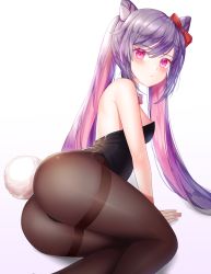 Rule 34 | 1girl, alternate costume, animal ears, ass, bare arms, bare shoulders, bindong, black pantyhose, blush, bow, breasts, cone hair bun, double bun, genshin impact, hair bow, hair bun, highres, keqing (genshin impact), leotard, looking at viewer, lying, medium breasts, pantyhose, playboy bunny, purple eyes, purple hair, rabbit tail, red bow, simple background, solo, tail, twintails, white background