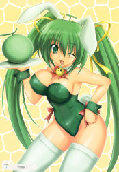 Rule 34 | 1girl, ;d, absurdres, animal ears, bow, breasts, cleavage, detached collar, fake animal ears, food, fruit, green eyes, green hair, highres, image sample, large breasts, melon, melon-chan, melonbooks, one eye closed, open mouth, personification, playboy bunny, rabbit ears, smile, thighhighs, tray, twintails, us@myo, wink, wrist cuffs, yellow bow