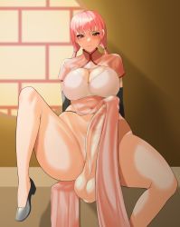 Rule 34 | 1girl, black footwear, breasts, bulge, censored, character request, cleavage cutout, clothing cutout, copyright request, covered navel, erection, erection under clothes, facing viewer, feet out of frame, fuji (fujidmc12), fujidmc12, full-package futanari, futanari, general:fuji, highres, huge penis, knee up, large breasts, looking at viewer, mosaic censoring, no socks, penis, pink hair, revealing clothes, running bond, shoes, short sleeves, sitting, solo, testicles, twintails, wide hips