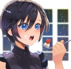 Rule 34 | 1girl, asymmetrical hair, black hair, black shirt, blue eyes, blush, buttons, cake, collared shirt, commentary, eating, food, food on face, fork, frilled shirt, frills, fruit, highres, holding, holding fork, kawame626, kingdom hearts, kingdom hearts iii, open mouth, shirt, sleeveless, solo, strawberry, symbol-only commentary, teeth, upper teeth only, window, xion (kingdom hearts)