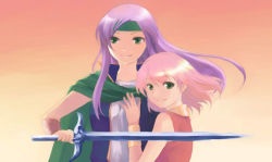 Rule 34 | 1990s (style), androgynous, cape, faris scherwiz, final fantasy, final fantasy v, gender request, green eyes, headband, lenna charlotte tycoon, long hair, pink hair, purple hair, retro artstyle, reverse trap, short hair, siblings, sisters, sword, udon (memai no kabe), weapon