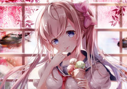Rule 34 | 1girl, :p, blue eyes, blue sailor collar, blush, bow, brown hair, closed mouth, commentary, english commentary, finger to mouth, food, hair bow, head tilt, holding, holding food, ice cream, ice cream cone, long hair, mutang, original, pink bow, plant, puffy short sleeves, puffy sleeves, rowboat, sailor collar, school uniform, serafuku, shirt, short sleeves, smile, solo, tongue, tongue out, triple scoop, twintails, upper body, water, white shirt, window