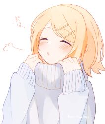 Rule 34 | 1girl, ^ ^, adjusting clothes, blonde hair, blush, breath, closed eyes, comfy, grey sweater, hair ornament, hairclip, kagamine rin, mani (manidrawings), medium hair, open mouth, solo, sweater, swept bangs, turtleneck, turtleneck sweater, twitter username, vocaloid, white sweater