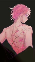 Rule 34 | 1boy, back tattoo, black jacket, cherry blossoms, ensemble stars!, facing to the side, green background, highres, jacket, jacket partially removed, linbocaizi, looking at viewer, looking back, male focus, oukawa kohaku, pink hair, purple eyes, short hair, solo, tattoo