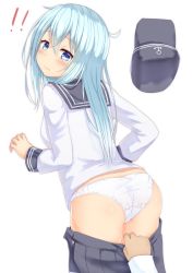 Rule 34 | !, !!, 10s, 1boy, 1girl, admiral (kancolle), anchor symbol, ass, black hat, blue eyes, blue hair, blue skirt, blush, clothes pull, disembodied hand, from behind, hat, hibiki (kancolle), highres, kantai collection, long hair, long sleeves, looking at viewer, panties, reinama, skirt, skirt pull, underwear, white panties
