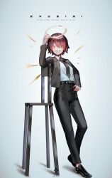 Rule 34 | 1girl, a0lp, alternate costume, arknights, black footwear, black jacket, black necktie, black pants, character name, detached wings, exusiai (arknights), formal, full body, halo, hand on own hip, highres, jacket, long sleeves, looking at viewer, necktie, open clothes, open jacket, orange eyes, pants, red hair, shirt, shirt tucked in, short hair, simple background, smile, solo, suit, white background, white shirt, wings