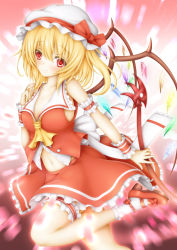 Rule 34 | 1girl, ascot, blonde hair, blush, breasts, bridal garter, cleavage, crystal, flandre scarlet, gradient background, hat, highres, laevatein, leg up, looking at viewer, mary janes, midriff, mob cap, navel, red eyes, shirt, shoes, short hair, side ponytail, skirt, skirt set, sleeveless, smile, socks, solo, sturm (arowana kingyo), touhou, unbuttoned, upskirt, vest, white socks, wings, wrist cuffs
