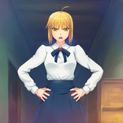 Rule 34 | 1girl, ahoge, artoria pendragon (fate), bad id, bad pixiv id, blonde hair, casual, dress, fate/stay night, fate (series), fateline alpha, frown, green eyes, hands on own hips, saber (fate), solo