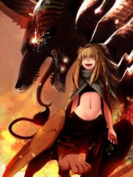 Rule 34 | bird wings, brown hair, centauroid, fiery background, fire, giant, giant monster, highres, leg lift, less, lion paw, lion tail, long hair, midriff, open mouth, scarf, shaded face, slit pupils, smirk, sphinx, tail, taur, wings, yellow eyes