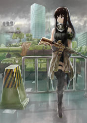 Rule 34 | 1girl, armband, assault rifle, black eyes, black hair, breasts, building, clothes around waist, cloud, cloudy sky, commentary request, dshk, full body, garter straps, girls&#039; frontline, green hair, gun, hanabusaraleigh, heavy machine gun, highres, holding, holding gun, holding weapon, jacket, jacket around waist, long hair, looking to the side, m4 carbine, m4a1 (girls&#039; frontline), machine gun, military, military vehicle, motor vehicle, outdoors, rifle, scarf, scenery, single garter strap, sky, solo, t-80, tank, thighhighs, traffic light, weapon