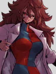 Rule 34 | 1girl, android 21, black sclera, breasts, checkered clothes, checkered dress, colored sclera, dragon ball, dragon ball fighterz, dress, earrings, grey background, hair between eyes, hoop earrings, jewelry, kemachiku, lab coat, long hair, looking at viewer, medium breasts, red eyes, simple background, smile, solo