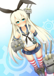 Rule 34 | 10s, 1girl, anchor, anchor hair ornament, blonde hair, blue eyes, blush, crop top, elbow gloves, full-face blush, gloves, hair ornament, hairband, jam (jam0601), kantai collection, lifebuoy, long hair, midriff, navel, panties, personification, rensouhou-chan, shimakaze (kancolle), striped clothes, striped thighhighs, swim ring, thighhighs, underwear