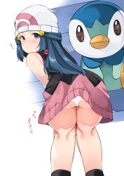 Rule 34 | 1girl, ?, absurdres, accidental exposure, ass, bad id, bad twitter id, bare shoulders, beanie, bent over, blue eyes, blue hair, blush, closed mouth, clueless, creatures (company), dawn (pokemon), eye reflection, from behind, game freak, gen 4 pokemon, hat, highres, kneepits, kurutsuki, legs, long hair, looking at viewer, looking back, miniskirt, nintendo, panties, pantyshot, piplup, pokemon, pokemon (creature), pokemon dppt, red scarf, reflection, scarf, shirt, skirt, sleeveless, sleeveless shirt, solo focus, text focus, translation request, underwear, upskirt, white panties