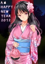 Rule 34 | 10s, 1girl, 2012, amasora taichi, black hair, blush, breasts, flower, hair flower, hair ornament, holding, japanese clothes, kimono, large breasts, long hair, looking at viewer, new year, night, night sky, original, red eyes, sky, solo, star (sky)