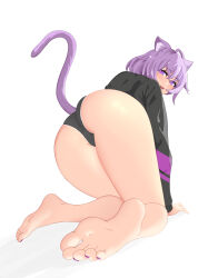 Rule 34 | 1girl, absurdres, animal ears, ass, ass focus, barefoot, bent over, blush, cat ears, cat girl, cat tail, feet, from behind, highres, hololive, kneeling, looking at viewer, looking back, nekomata okayu, nekomata okayu (1st costume), open mouth, panties, presenting, soles, tail, thighs, tumy, underwear, virtual youtuber