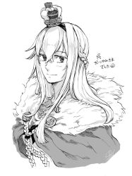 Rule 34 | 1girl, blush, braid, breasts, cape, closed mouth, commentary request, cropped torso, crown, flower, french braid, fur-trimmed cape, fur trim, greyscale, hair between eyes, hair ornament, hair over one eye, hairband, highres, jewelry, kantai collection, long hair, looking at viewer, mini crown, monochrome, necklace, ribbon, rose, signature, simple background, smile, solo, translation request, warspite (kancolle), white background, yamada rei (rou)