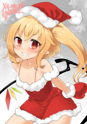 Rule 34 | 1girl, absurdres, alternate costume, bare shoulders, blush, breasts, christmas, cleavage, collarbone, contrapposto, crystal, dress, flandre scarlet, fur trim, gradient background, grey background, grin, harry (namayake), hat, highres, leaning forward, medium breasts, mittens, one side up, pointy ears, red dress, red mittens, santa hat, short hair, short hair with long locks, simple background, smile, snowflakes, solo, teeth, touhou, wings