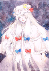 Rule 34 | 1girl, albino, alternate color, alternate hair color, artist name, blue bow, blue ribbon, blush, bow, capelet, collar, colored skin, commentary request, cowboy shot, crescent, crescent hair ornament, dress, fingernails, frilled capelet, frilled collar, frilled sleeves, frills, hair ornament, half-closed eyes, hand up, hat, head tilt, highres, jewelry, johnalay, lips, long fingernails, long hair, long scarf, magic circle, mob cap, necklace, nose, outstretched hand, painting (medium), parted lips, patchouli knowledge, pearl necklace, pentagram, purple dress, red bow, red nose, red ribbon, ribbon, scarf, sharp fingernails, sidelocks, solo, striped clothes, striped dress, touhou, traditional media, vertical-striped clothes, vertical-striped dress, very long hair, watercolor (medium), watermark, white dress, white eyes, white skin, wide sleeves