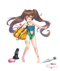 Rule 34 | 1boy, androgynous, artificial vagina, bag, bare legs, bare shoulders, barefoot, beach, blush, brown hair, bulge, clothing cutout, dildo, embarrassed, erection, erection under clothes, femboy , full body, girly boy, green one-piece swimsuit, heart cutout, highres, holding, holding bag, licking lips, lilith-soft, long hair, long twintails, looking at viewer, male focus, naughty face, navel, navel cutout, nipple cutout, nipples, obui, one-piece swimsuit, open mouth, petite, pink eyes, puffy nipples, sex toy, shiny skin, skirt, solo, standing, swimsuit, taimanin (series), taimanin asagi, taimanin rpgx, toes, tongue, tongue out, trap, twintails, uehara shikanosuke, very long hair, vibrator