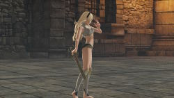 Rule 34 | 1girl, 3d, armor, armpits, ass, bare shoulders, barefoot, black hairband, bra, breasts, broken armor, building, cleavage, collarbone, corrin (female) (fire emblem), corrin (fire emblem), feet, female focus, fighting pose, fighting stance, fingernails, fire emblem, fire emblem fates, fire emblem warriors, from side, full body, gameplay mechanics, hair between eyes, hair ornament, hairband, holding, holding sword, holding weapon, intelligent systems, legs, long hair, medium breasts, midriff, multicolored underwear, nails, navel, neck, nintendo, official underwear, outdoors, pale skin, panties, pointy ears, red eyes, ruins, silver hair, sky, standing, sword, thighs, tiptoes, underwear, underwear only, weapon, yato (fire emblem)