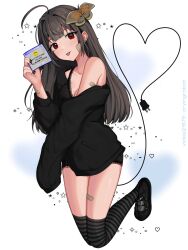 Rule 34 | 1girl, :p, ahoge, bandaid, bandaid on arm, bandaid on thigh, black bra, black footwear, black jacket, black nails, black thighhighs, bra, breasts, brown hair, butterfly hair ornament, cable, cable tail, coat, ear piercing, earrings, electric plug, emoticon, fingernails, hair intakes, hair ornament, heart, heart tail, highres, holding, jacket, jewelry, long hair, looking at viewer, mechanical tail, medium breasts, mole, mole under eye, original, piercing, red eyes, ringed eyes, simple background, smiley face, solo, striped clothes, striped thighhighs, tail, thighhighs, thighs, tongue, tongue out, underwear, vickie (cryingrobot), vickie (cryingrobot) (character), white background, window (computing)