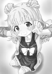Rule 34 | 1girl, :d, absurdres, ao daidai ki, assault lily, belt, belt buckle, blunt bangs, blush, bow, bowtie, breasts, buckle, claw pose, collarbone, commentary, double bun, foreshortening, frilled skirt, frills, from above, gradient background, grey background, greyscale, grin, hair bow, hair bun, hands up, highres, jacket, kanba girls high school uniform, long hair, long sleeves, looking at viewer, looking up, medium breasts, miniskirt, monochrome, open clothes, open jacket, open mouth, sailor collar, school uniform, scrunchie, seiza, serafuku, shirt, sitting, skirt, smile, solo, tanba akari, thighhighs, white background, wrist scrunchie