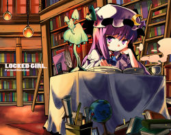 Rule 34 | 1girl, 3speed, book, bookshelf, crescent, crescent moon, cup, desk, english text, female focus, hat, head rest, jiageya (atojian keikaku), ladder, lamp, library, long hair, moon, mushroom, open book, patchouli knowledge, purple eyes, purple hair, purple hat, quill, reading, sitting, smoke, solo, steam, table, teacup, touhou, voile