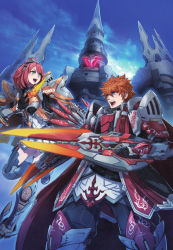Rule 34 | 1boy, 1girl, akikazu mizuno, aqua eyes, armor, armored dress, black gloves, blue eyes, blue sky, brown hair, cape, detached sleeves, dual wielding, gauntlets, gloves, hairband, holding, holding weapon, long hair, looking away, official art, open mouth, pants, phantasy star, phantasy star online 2, pink hair, short hair, shoulder armor, sky, thighhighs, weapon