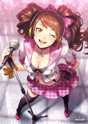 Rule 34 | 1girl, ;d, black bra, bow, bra, breasts, brown hair, choker, cleavage, from above, gloves, hair bow, hand on own hip, headphones, idol, kujikawa rise, looking at viewer, looking up, medium breasts, microphone, microphone stand, midriff, nekobayashi (nekoforest), one eye closed, open mouth, persona, persona 4, persona 4: dancing all night, persona dancing, perspective, pink skirt, pleated skirt, revision, single glove, skirt, smile, solo, standing, suspenders, thighhighs, twintails, underwear, watermark